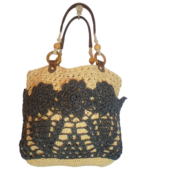 Fossil Handbags - Fossil Straw Crochet Tote Bag Boho Black Floral Leather Handle Summer Purse